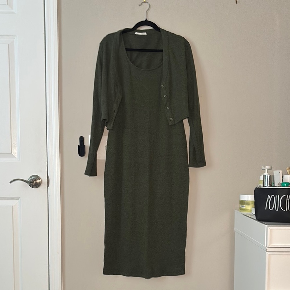 Primark Olive Green Knit Dress with Cropped Cardigan